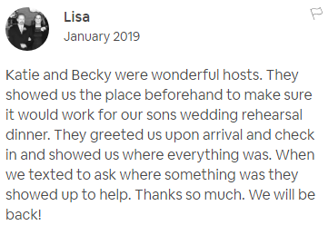 AirBnB Review From Lisa in January 2019